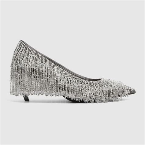 gucci fringed alike heels|Women's pump with beaded fringe in grey satin .